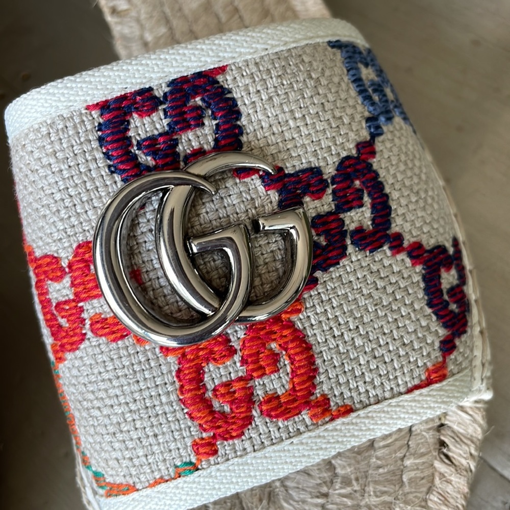 Gucci White Canvas Slide Sandals with Multicolor GG Motif - Picture 3 of 11